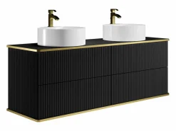 Vente-unique Mueble de baño estriado con ribete dorado, doble lavabo, 150 cm - KELIZA