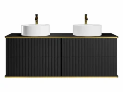 Vente-unique Mueble de baño estriado con ribete dorado, doble lavabo, 150 cm - KELIZA