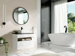 Vente-unique Mueble de baño flotante con luces LED y encimera - Blanco y natural oscuro - Ancho 80 cm - POZEGA