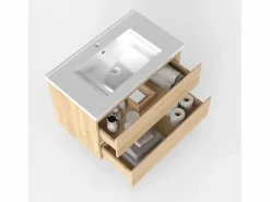 Outlet Mueble de baño flotante con lavabo, 79 x 44.5 x 52 cm,Color Roble,Con 2 Cajones, Muebles de Alta Calidad, Mueble De Baño Simple