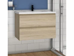 Outlet Mueble de baño flotante con lavabo, 79 x 44.5 x 52 cm,Color Roble,Con 2 Cajones, Muebles de Alta Calidad, Mueble De Baño Simple