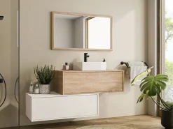 Outlet Mueble de baño flotante con lavabo, blanco y natural claro, 2 cajones, TEANA Mueble De Baño Simple