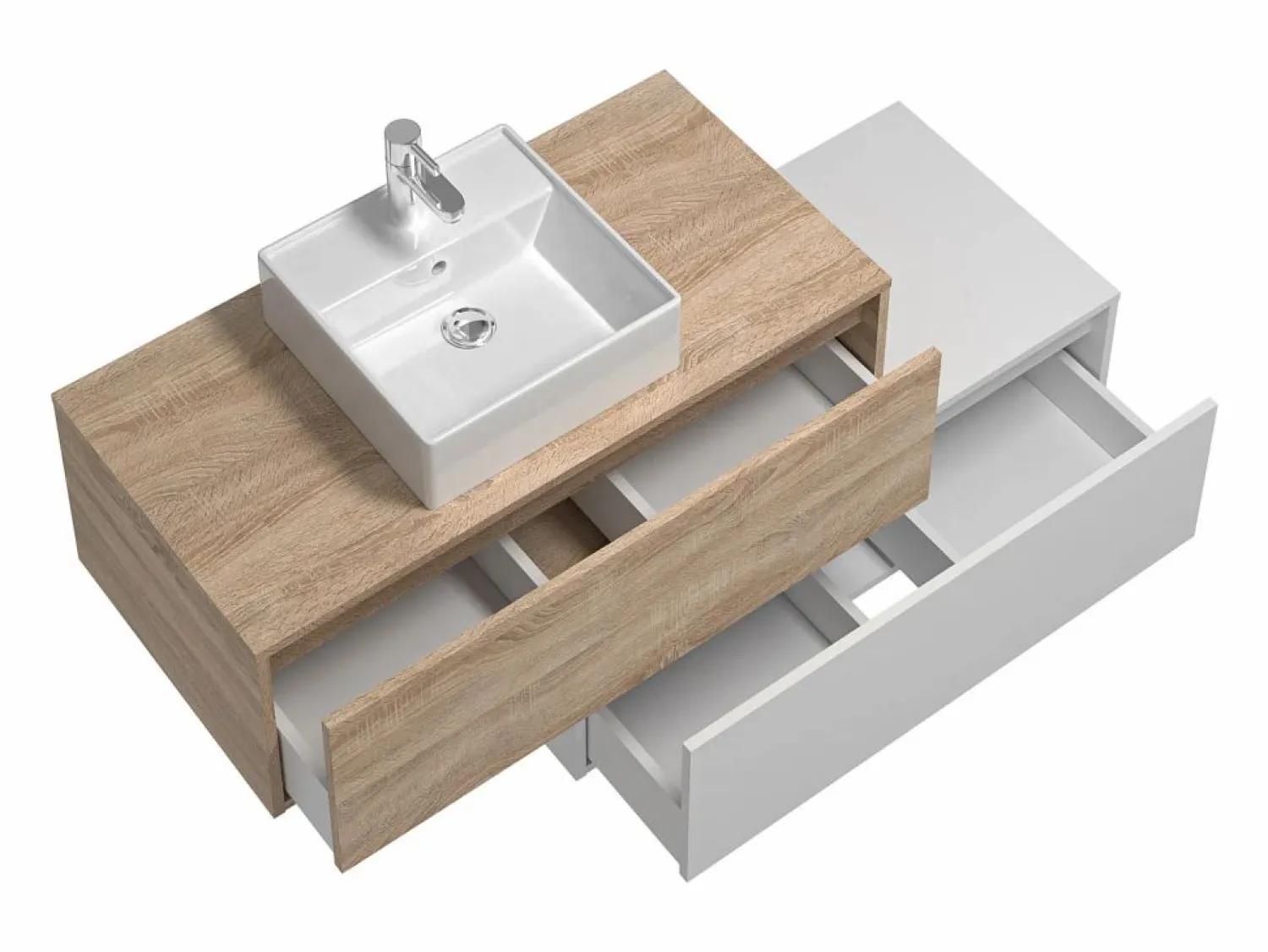 Outlet Mueble de baño flotante con lavabo, blanco y natural claro, 2 cajones, TEANA Mueble De Baño Simple