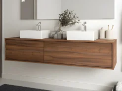 Discount Vente-unique Mueble de baño flotante de doble lavabo, natural oscuro, Ancho 150 x Alt. 32 cm, ISAURE Color natural oscuro