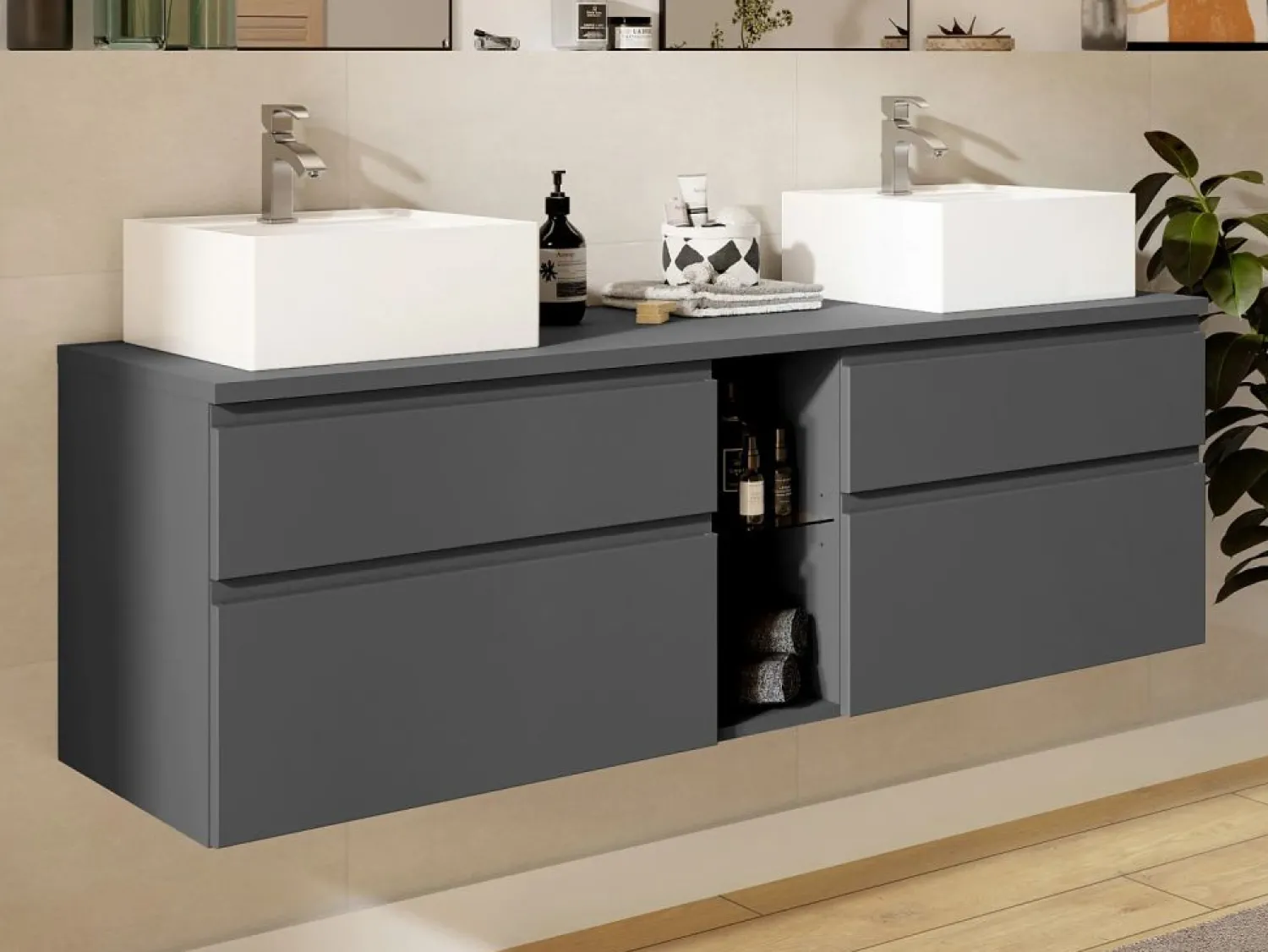 Vente-unique Mueble de baño flotante doble lavabo, antracita, L150 cm, MAGDALENA
