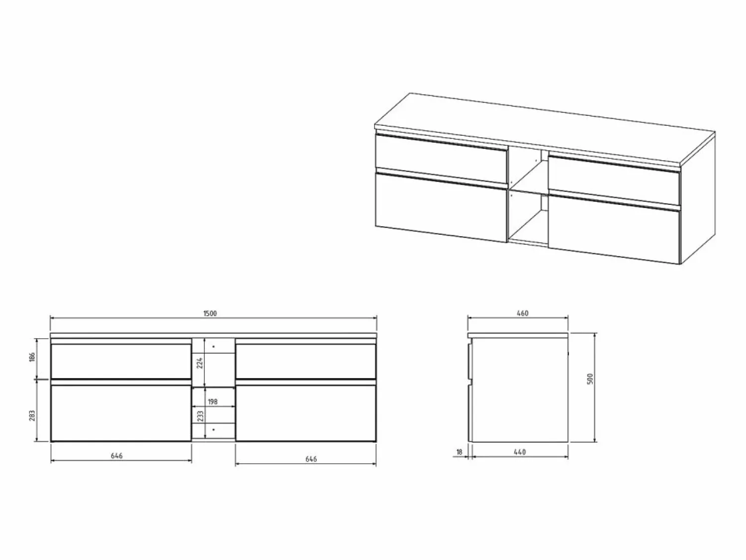 Vente-unique Mueble de baño flotante doble lavabo, antracita, L150 cm, MAGDALENA