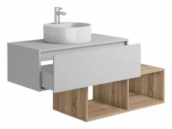Sale Vente-unique Mueble de baño, lavabo redondo, 1 cajón blanco y 2 estantes claros naturales, TEANA Beige / Blanco