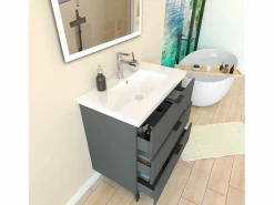Discount Mueble de baño moderno suspendido con 3 cajones y lavabo,79 x 46 x 85 cm, sistema de cierre amortiguado, color antracita. Gris antracita