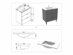 Discount Mueble de baño moderno suspendido con 3 cajones y lavabo,79 x 46 x 85 cm, sistema de cierre amortiguado, color antracita. Gris antracita