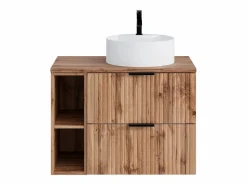 Hot Mueble de baño rayado natural claro con estantes y lavabo de sobreponer , 80 cm, ZEVARA Mueble De Baño Simple