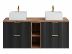 Vente-unique Mueble de baño rayado con estantes y lavabo cuadrado de encimera, 140 cm, ZEVARA Negro