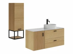 Clearance Vente-unique Mueble de baño suspendido estriado con lavabo sobrepuesto y columna con hueco - 120 cm - SARONE Color natural claro