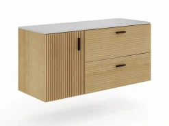 Clearance Vente-unique Mueble de baño suspendido estriado con lavabo sobrepuesto y columna con hueco - 120 cm - SARONE Color natural claro