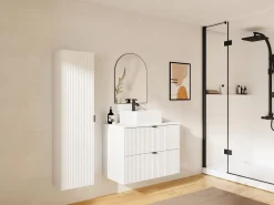 Sale Mueble de baño suspendido estriado con lavabo sobre encimera, columna, , 80 cm, ZEVINI Conjunto De Baño