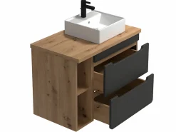 New Mueble de baño suspendido + lavabo - Gris antracita y madera -Cuarto de baño- 80cm - ARUBA Mueble De Baño Simple