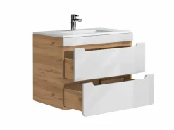Vente-unique Mueble de baño suspendido con vasque, color natural y blanco, 80 cm, ARUBA