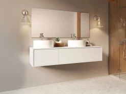 Outlet Vente-unique Mueble de baño suspendido doble lavabo redondo, color , L150 x H32 cm, ISAURE Blanco