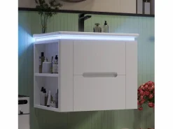 Sale Mueble de baño suspendido con lavabo de cerámica - con LED - 2 cajones - 2 estantes laterales - (grifo no incluido) Mueble De Baño Simple