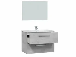 VS Venta-stock Mueble de baño suspendido Axel 2 cajones, espejo y con lavabo cerámico, Color Cemento Gris