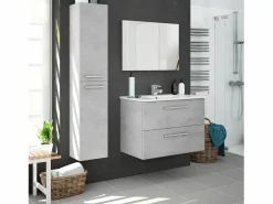 VS Venta-stock Mueble de baño suspendido Axel 2 cajones, espejo y con lavabo cerámico, Color Cemento Gris
