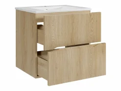 Vente-unique Mueble de baño suspendido estriado con lavabo encastrado - Natural claro - 60 cm - ORISO