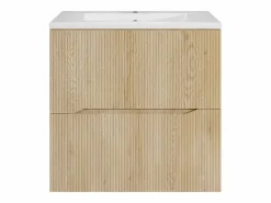 Vente-unique Mueble de baño suspendido estriado con lavabo encastrado - Natural claro - 60 cm - ORISO