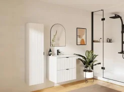 Online Vente-unique Mueble de baño suspendido estriado, lavabo encastrado, columna, , 60 cm, ZEVINI Blanco