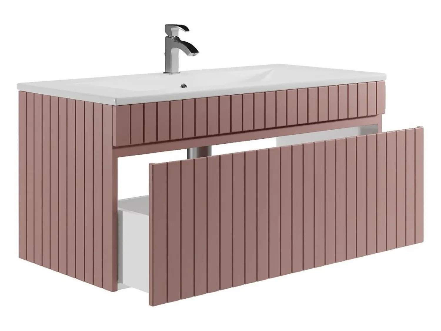 Sale Mueble de baño suspendido en rosa con lavabo encastrado, 100 cm, SATARA Mueble De Baño Simple