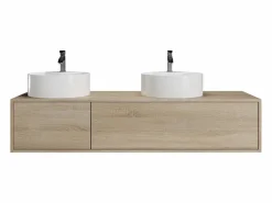 Online Vente-unique Mueble de baño suspendido doble lavabo redondo, natural claro, L150 x H32 cm, ISAURE Color natural claro
