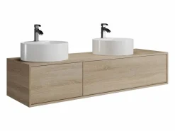 Online Vente-unique Mueble de baño suspendido doble lavabo redondo, natural claro, L150 x H32 cm, ISAURE Color natural claro