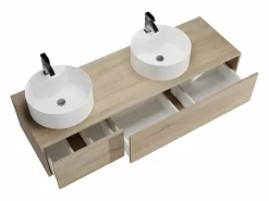 Online Vente-unique Mueble de baño suspendido doble lavabo redondo, natural claro, L150 x H32 cm, ISAURE Color natural claro