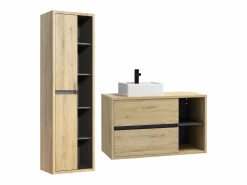 Vente-unique Mueble de baño suspendido con lavabo cuadrado y columna, 100 cm, Color natural, PURNAL