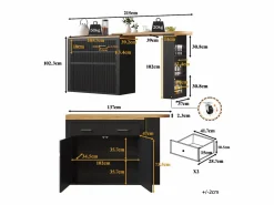 Mueble de bar de cocina extensible - con rotación 360° - 215x39x103cm - 2 puertas, 2 cajones - con estantes laterales - Mueble Bar