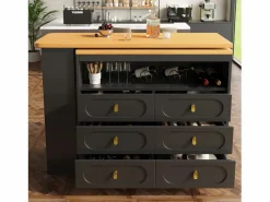 Sale ModernLuxe Mueble de bar de cocina extensible - y rotación 360° - 203x39x90 cm - 6 cajones - con estantes laterales - Negro