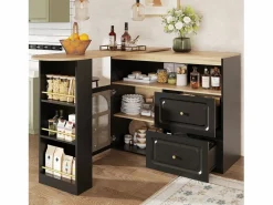 ModernLuxe Mueble de bar giratorio 360° y plegable - con 2 cajones y 1 puerta - estantes abiertos - + natural