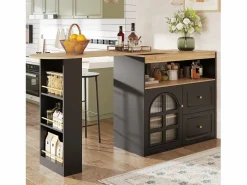 ModernLuxe Mueble de bar giratorio 360° y plegable - con 2 cajones y 1 puerta - estantes abiertos - + natural