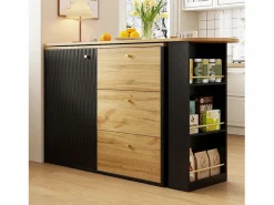 Sale ModernLuxe Mueble de bar giratorio 360° y plegable - con 3 cajones y 1 puerta - estantes abiertos - + natural Negro