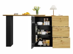 Sale ModernLuxe Mueble de bar giratorio 360° y plegable - con 3 cajones y 1 puerta - estantes abiertos - + natural Negro