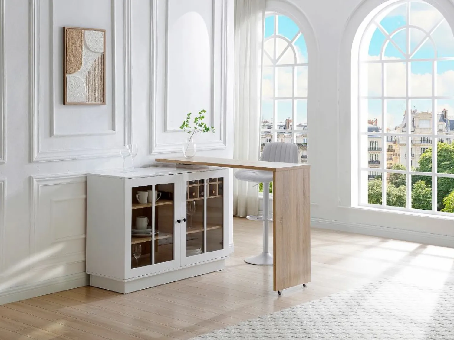 Sale Mueble de bar giratorio con almacenamiento de MDF, vidrio templado - Blanco y natural - ARAMETA Muebles De Bar|Mueble Bar