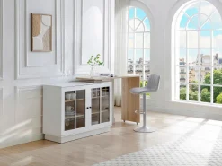 Sale Mueble de bar giratorio con almacenamiento de MDF, vidrio templado - Blanco y natural - ARAMETA Muebles De Bar|Mueble Bar