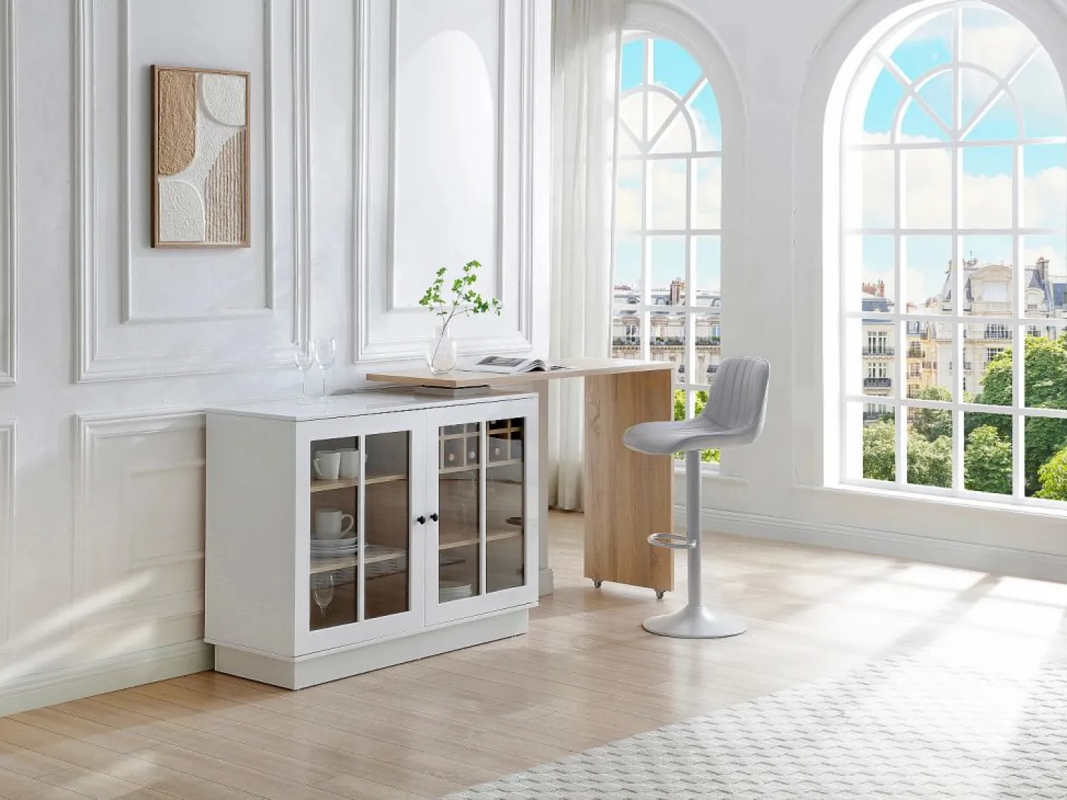 Sale Mueble de bar giratorio con almacenamiento de MDF, vidrio templado - Blanco y natural - ARAMETA Muebles De Bar|Mueble Bar