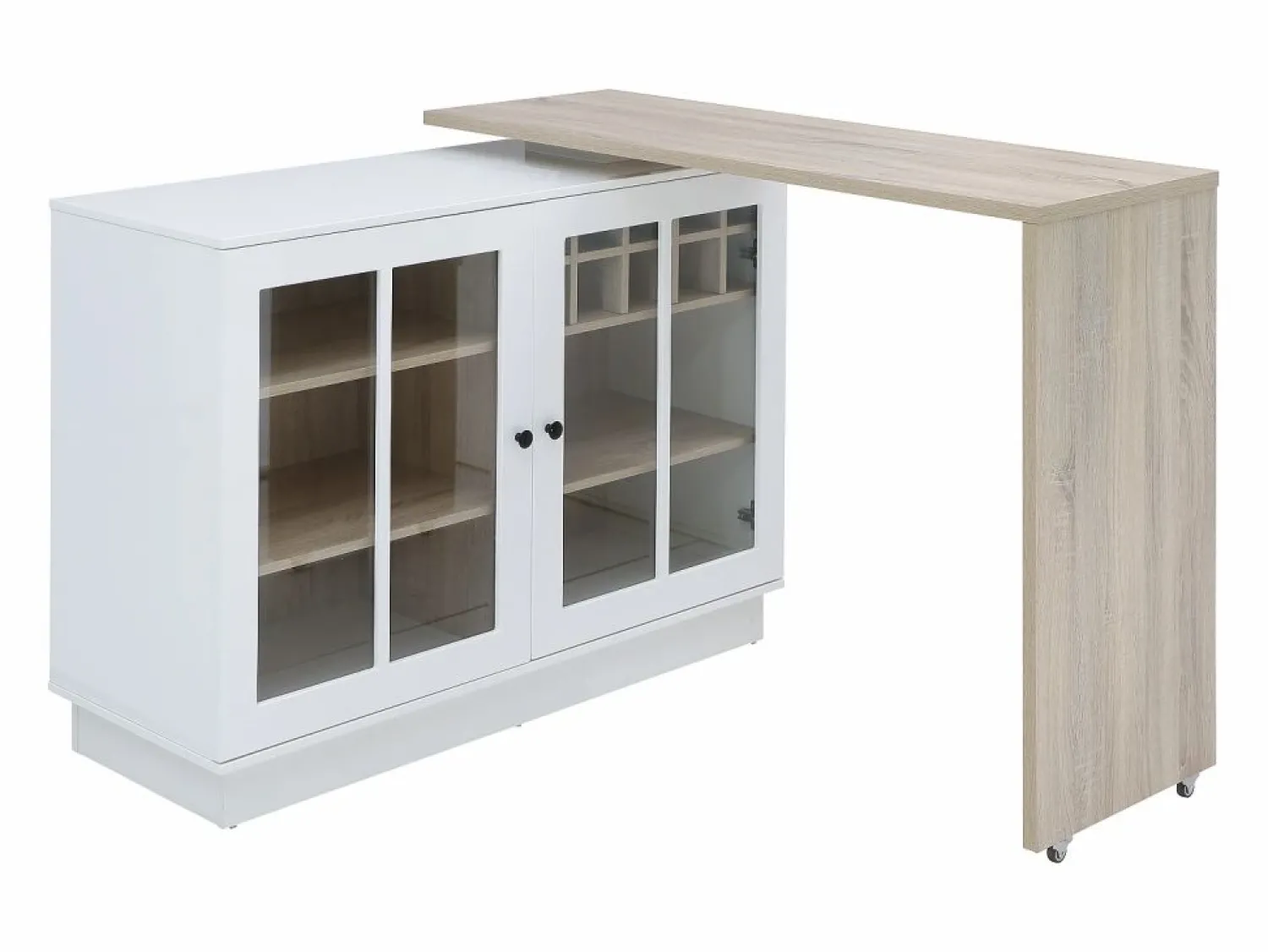 Sale Mueble de bar giratorio con almacenamiento de MDF, vidrio templado - Blanco y natural - ARAMETA Muebles De Bar|Mueble Bar
