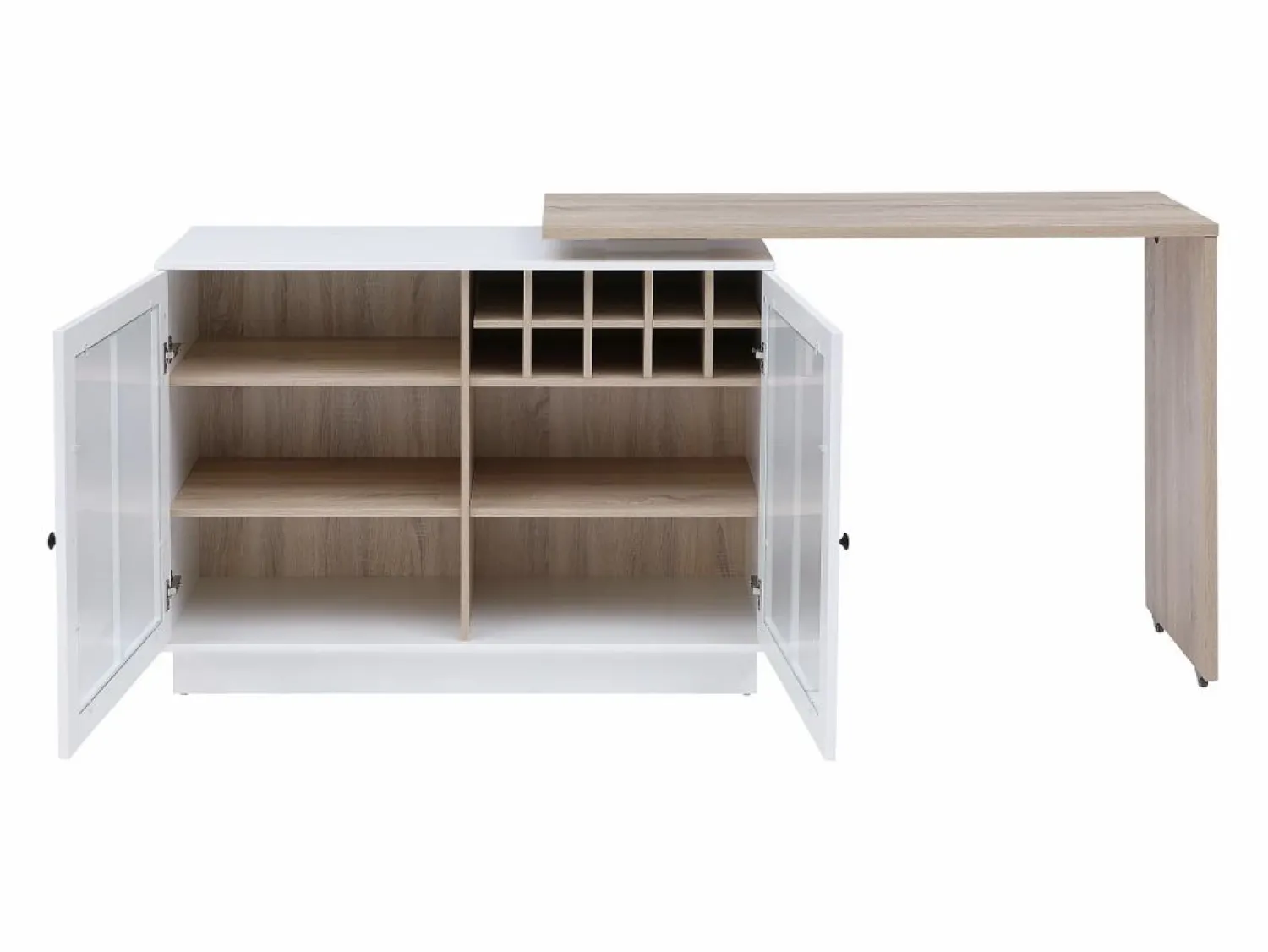 Sale Mueble de bar giratorio con almacenamiento de MDF, vidrio templado - Blanco y natural - ARAMETA Muebles De Bar|Mueble Bar