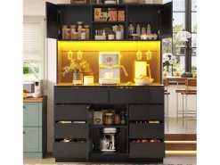 ModernLuxe Mueble de cocina - 120x40x183 cm - 2 puertas y 8 cajones - portavasos de vino - con iluminación LED y toma de corriente -