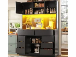 ModernLuxe Mueble de cocina - 120x40x183 cm - 2 puertas y 8 cajones - portavasos de vino - con iluminación LED y toma de corriente -