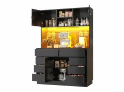 ModernLuxe Mueble de cocina - 120x40x183 cm - 2 puertas y 8 cajones - portavasos de vino - con iluminación LED y toma de corriente -