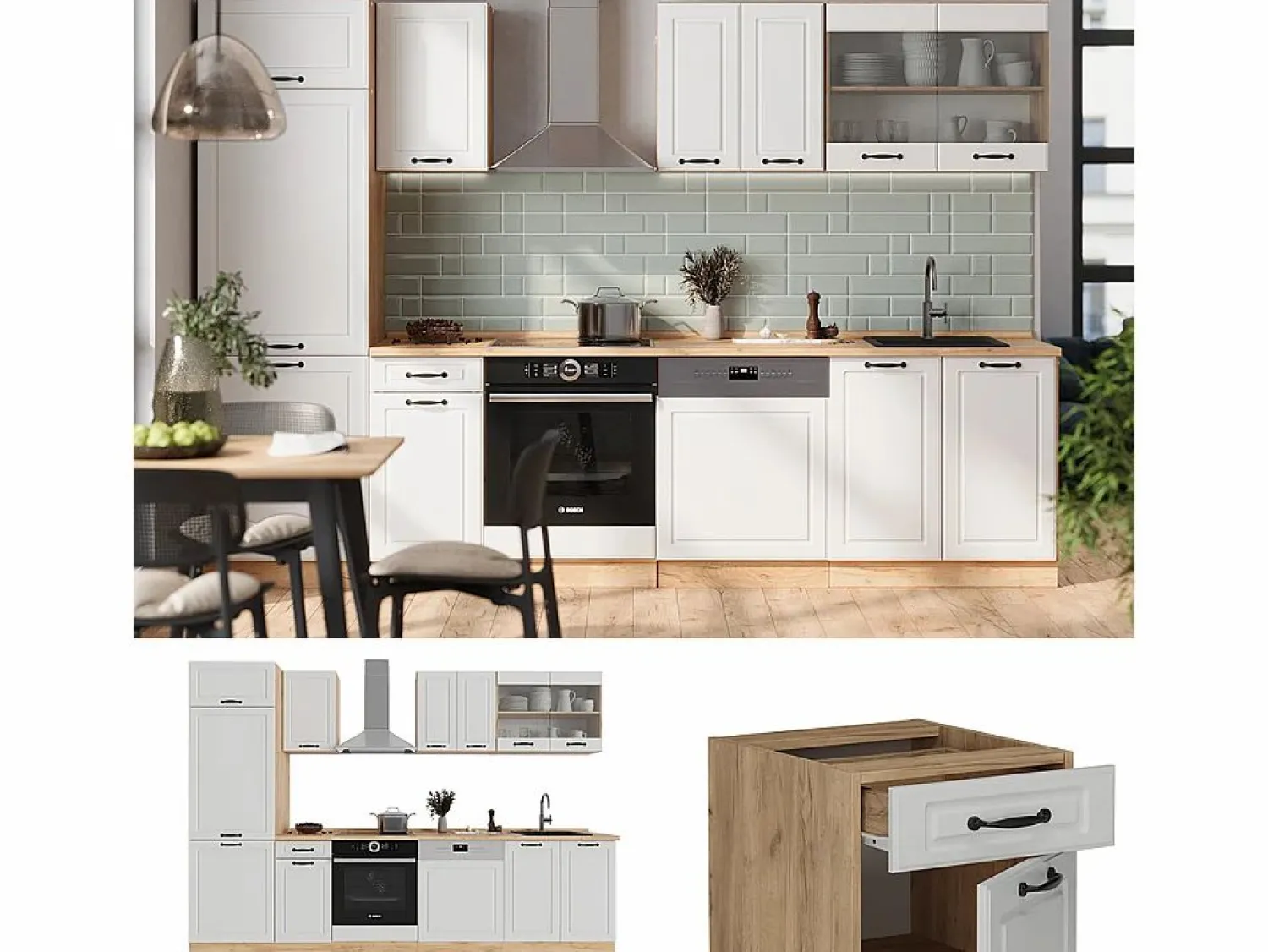 Vicco Mueble de cocina casa de campo blanca/roble dorado 300x60x81.6 r-line