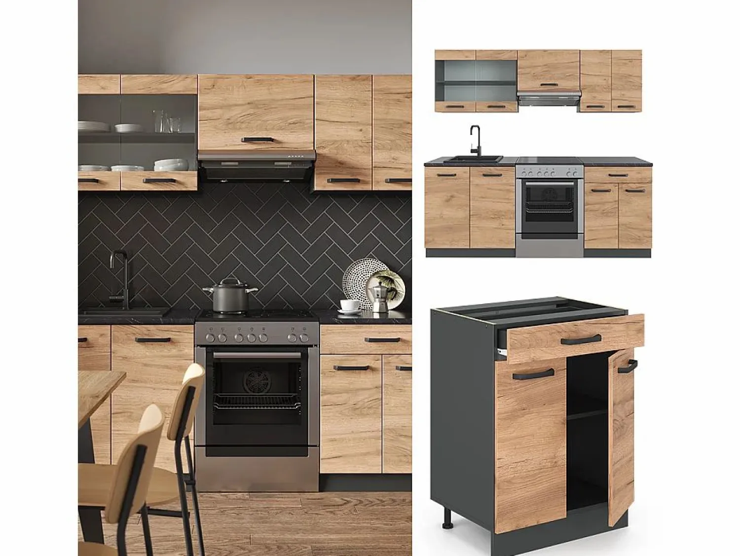 New Vicco Mueble de cocina oro power roble/antracita 200x60x81.6 r-line Color natural oscuro