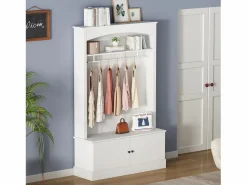 Clearance Mueble de entrada multifunción con banco, tablero de partículas y almacenaje regulable (120x40x190cm) Perchero