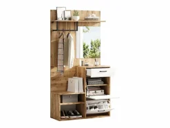 Hot Mueble de entrada multifuncional con espejo, tablero de partículas, y madera natural (100x38,5x190cm) Perchero